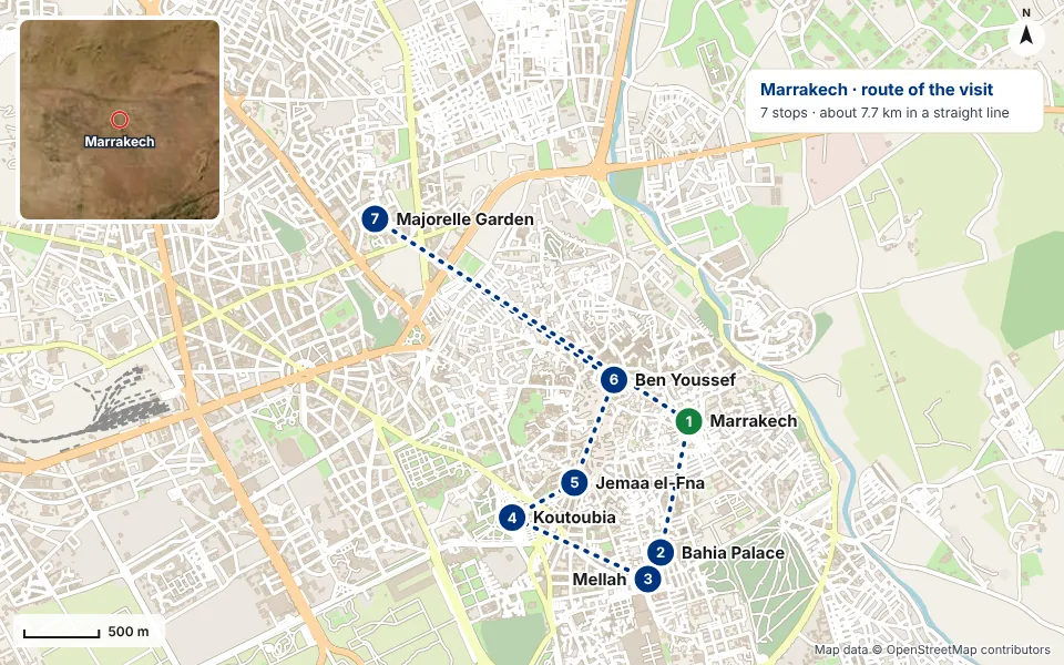 Carte de l’itinéraire : Marrakech, Bahia Palace, Mellah, Koutoubia, Jemaa el-Fna, Ben Youssef, Majorelle Garden