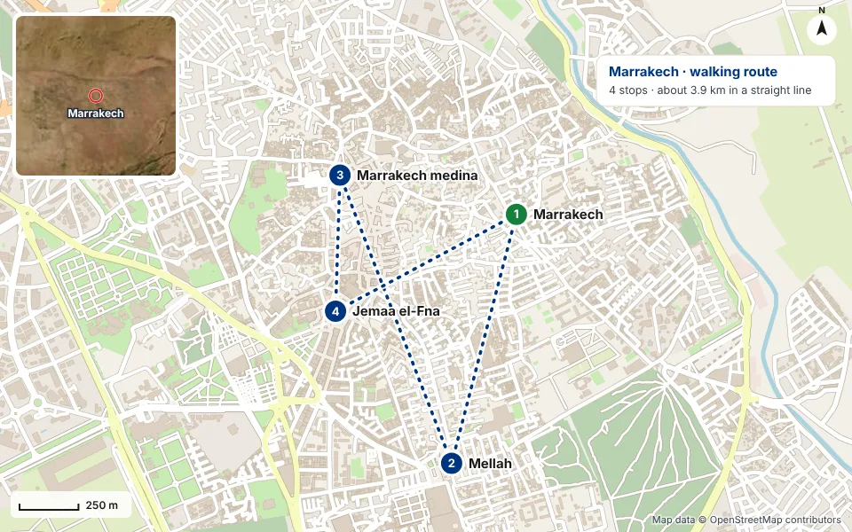 Map of the route: Marrakech, Mellah, Marrakech medina, Jemaa el-Fna