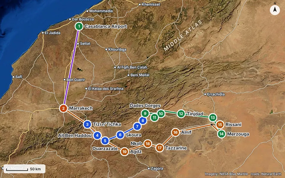 Map of the route: Casablanca Airport, Marrakech, Tizi n'Tichka, Ait Ben Haddou, Ouarzazate, Skoura, Kelaat M'Gouna, Boumalne Dades, Dades Gorges, Tinghir, Todra Gorge, Tinjdad, Erfoud, Merzouga, Rissani, Alnif, Tazzarine, Nkob, Agdz
