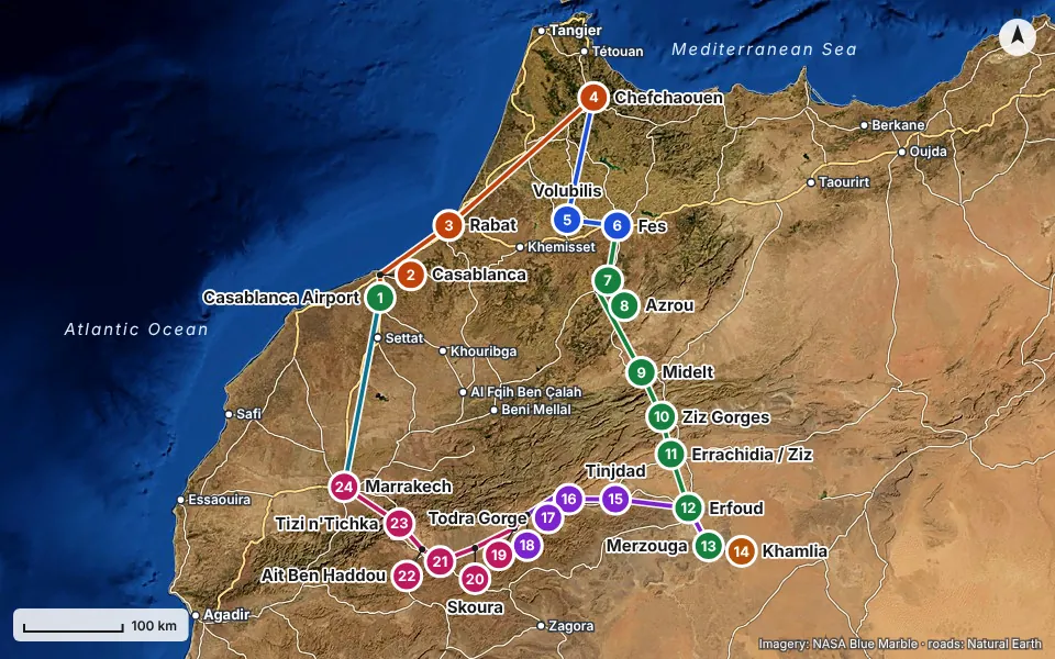 Carte de l’itinéraire : Casablanca Airport, Casablanca, Rabat, Chefchaouen, Volubilis, Fes, Ifrane, Azrou, Midelt, Ziz Gorges, Errachidia / Ziz, Erfoud, Merzouga, Khamlia, Tinjdad, Tinghir, Todra Gorge, Boumalne Dades, Kelaat M'Gouna, Skoura, Ouarzazate, Ait Ben Haddou, Tizi n'Tichka, Marrakech