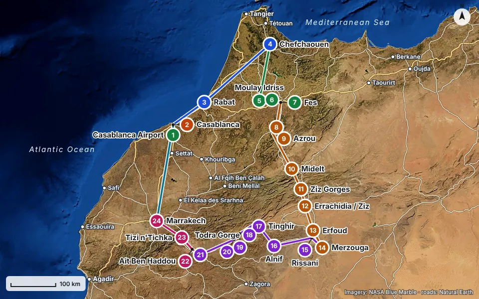Mappa del percorso: Casablanca Airport, Casablanca, Rabat, Chefchaouen, Moulay Idriss, Volubilis, Fes, Ifrane, Azrou, Midelt, Ziz Gorges, Errachidia / Ziz, Erfoud, Merzouga, Rissani, Alnif, Tinghir, Todra Gorge, Boumalne Dades, Kelaat M'Gouna, Ouarzazate, Ait Ben Haddou, Tizi n'Tichka, Marrakech