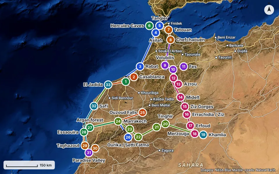Map of the route: Casablanca Airport, Casablanca, Rabat, Asilah, Tangier, Hercules Caves, Tetouan, Chefchaouen, Volubilis, Meknes, Fes, Ifrane, Azrou, Midelt, Ziz Gorges, Errachidia / Ziz, Erfoud, Merzouga, Khamlia, Tinghir, Boumalne Dades, Ouarzazate, Tizi n'Tichka, Marrakech, Ouzoud Falls, Ourika / Setti Fatma, Argan forest, Essaouira, Taghazout, Agadir, Paradise Valley, Safi, El Jadida