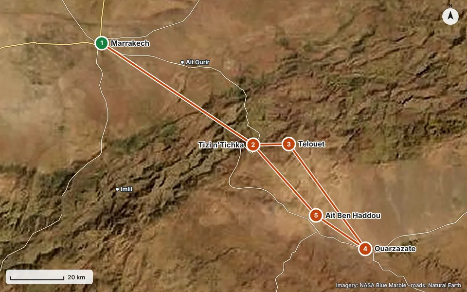 Mappa del percorso: Marrakech, Tizi n'Tichka, Telouet, Ouarzazate, Ait Ben Haddou