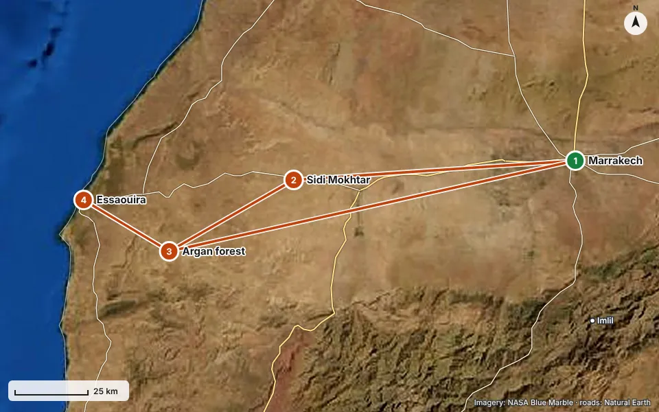 Map of the route: Marrakech, Sidi Mokhtar, Argan forest, Essaouira