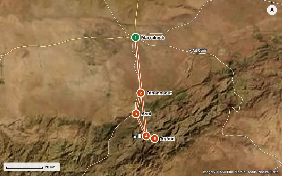 Mappa del percorso: Marrakech, Tahannaout, Asni, Imlil, Aremd