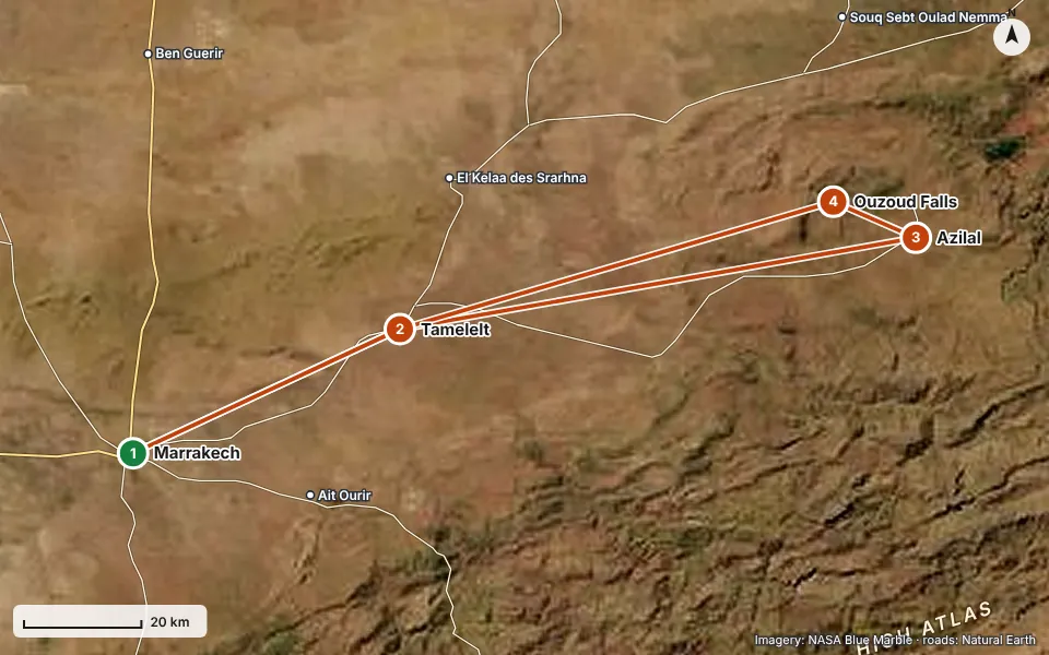 Carte de l’itinéraire : Marrakech, Tamelelt, Azilal, Ouzoud Falls