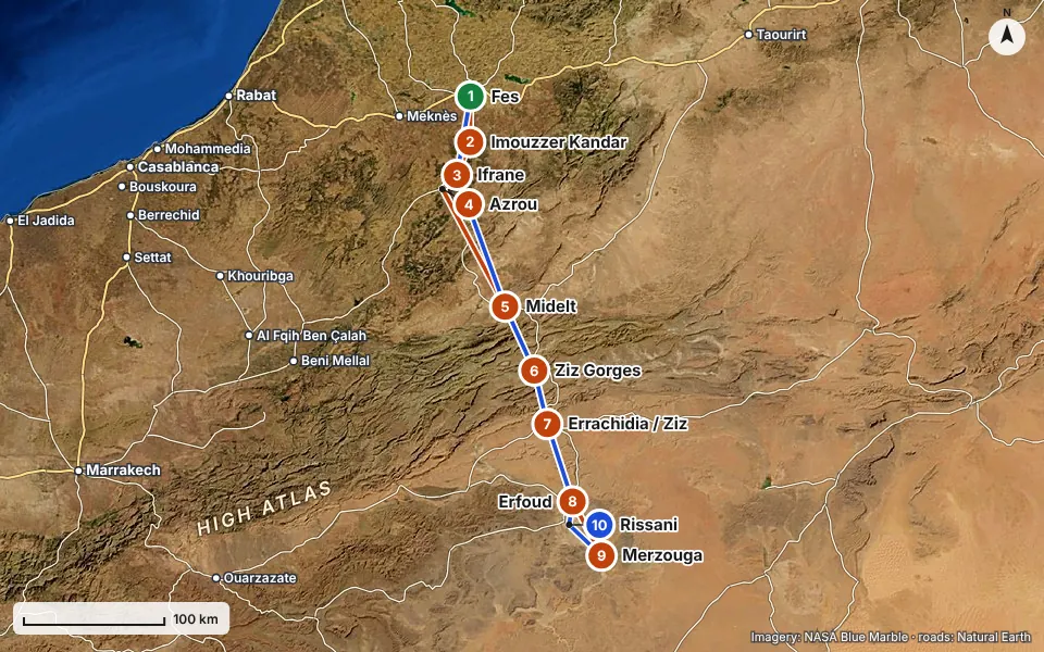 Map of the route: Fes, Imouzzer Kandar, Ifrane, Azrou, Midelt, Ziz Gorges, Errachidia / Ziz, Erfoud, Merzouga, Rissani