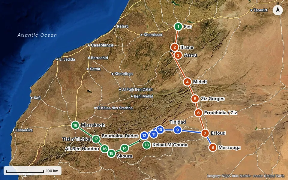 Mappa del percorso: Fes, Ifrane, Azrou, Midelt, Ziz Gorges, Errachidia / Ziz, Erfoud, Merzouga, Tinjdad, Tinghir, Todra Gorge, Boumalne Dades, Kelaat M'Gouna, Skoura, Ouarzazate, Ait Ben Haddou, Tizi n'Tichka, Marrakech