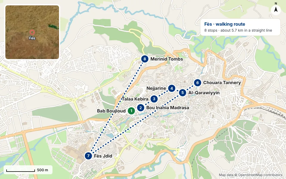 Map of the route: Bab Boujloud, Bou Inania Madrasa, Talaa Kebira, Nejjarine, Al-Qarawiyyin, Chouara Tannery, Fès Jdid, Merinid Tombs