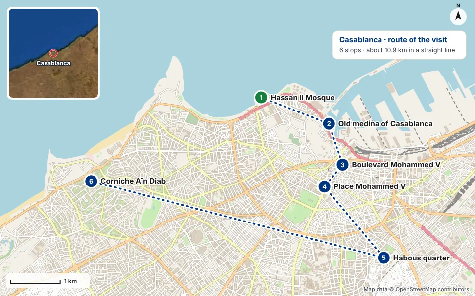 Mappa del percorso: Hassan II Mosque, Old medina of Casablanca, Boulevard Mohammed V, Place Mohammed V, Habous quarter, Corniche Aïn Diab