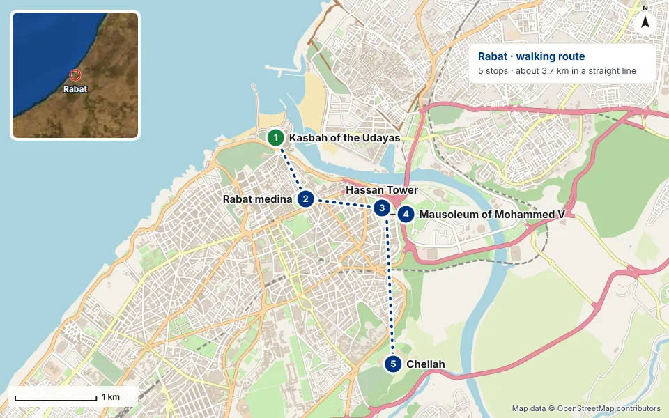 Map of the route: Kasbah of the Udayas, Rabat medina, Hassan Tower, Mausoleum of Mohammed V, Chellah