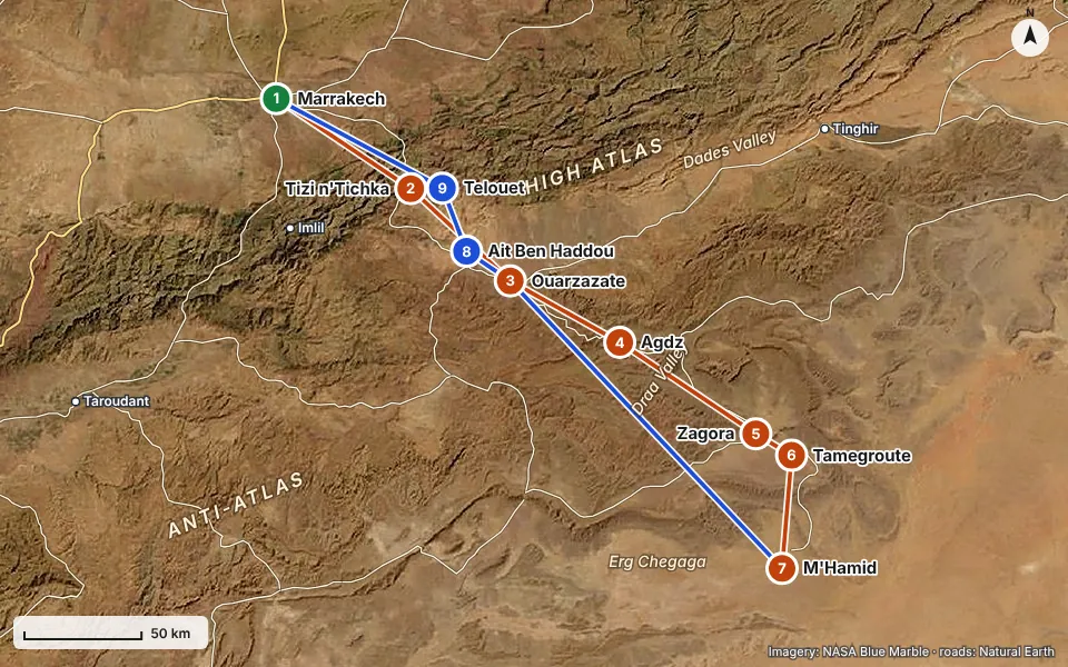 Mappa del percorso: Marrakech, Tizi n'Tichka, Ouarzazate, Agdz, Zagora, Tamegroute, M'Hamid, Ait Ben Haddou, Telouet