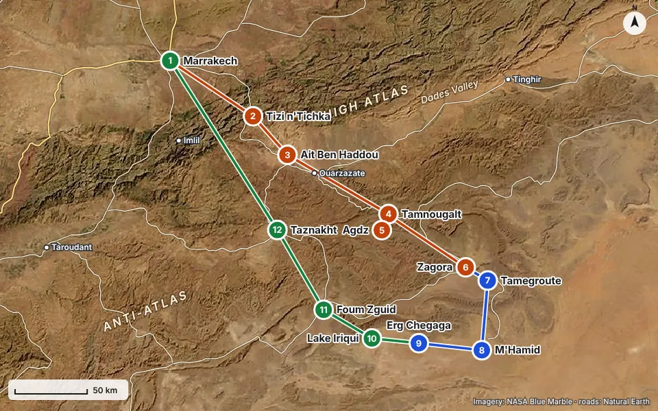 Carte de l’itinéraire : Marrakech, Tizi n'Tichka, Ait Ben Haddou, Tamnougalt, Agdz, Zagora, Tamegroute, M'Hamid, Erg Chegaga, Lake Iriqui, Foum Zguid, Taznakht