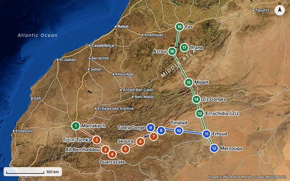Map of the route: Marrakech, Tizi n'Tichka, Ait Ben Haddou, Ouarzazate, Skoura, Kelaat M'Gouna, Boumalne Dades, Tinghir, Todra Gorge, Tinjdad, Erfoud, Merzouga, Errachidia / Ziz, Ziz Gorges, Midelt, Azrou, Ifrane, Fes