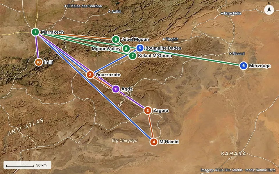 Map of the route: Marrakech, Ouarzazate, Zagora, M'Hamid, Boumalne Dades, Merzouga, Kelaat M'Gouna, Mgoun Valley, Jebel Mgoun, Imlil, Agdz